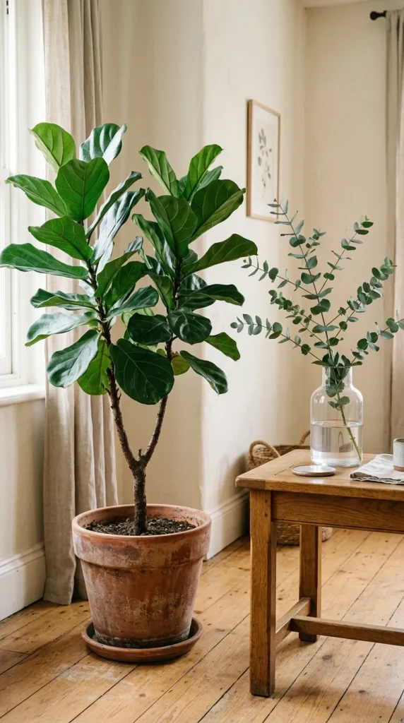A large fiddle-leaf fig plant in a terracotta pot next to a simple branch arrangement in a vase.