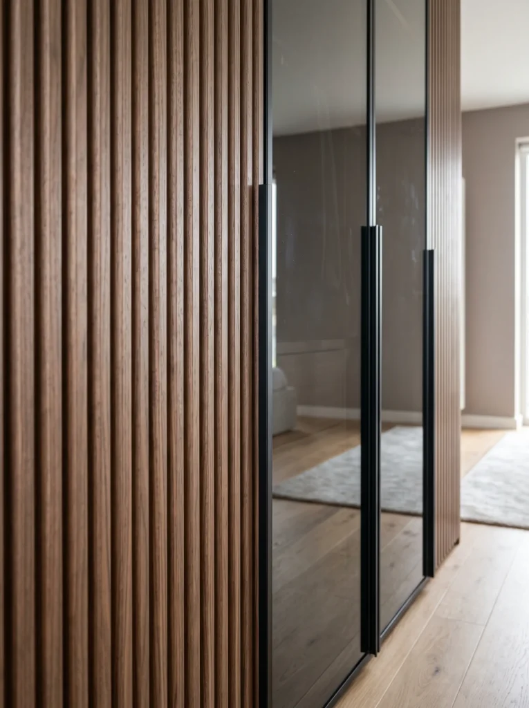 modern wardrobe door design with one fluted wood panel, matte doors, tinted glass strip, slim handles, and clean bedroom finish combination
