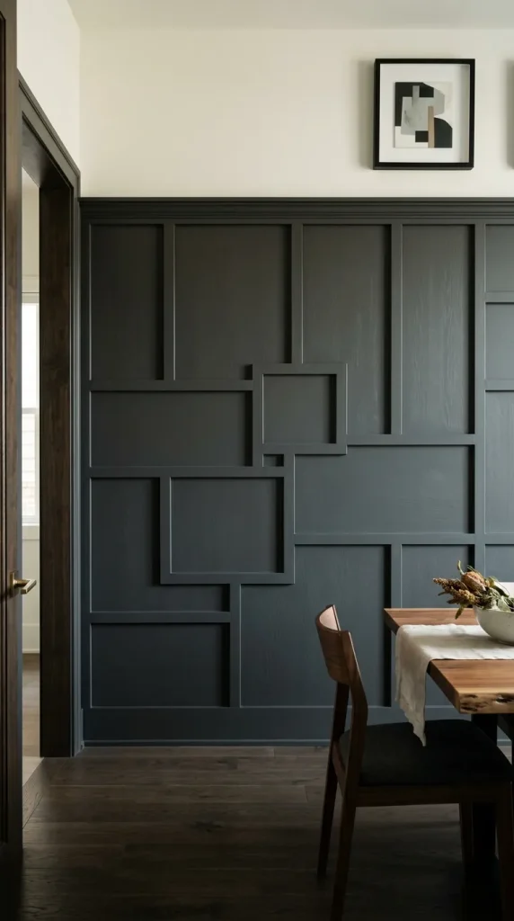 A dining-room wall with a mix of wide and narrow charcoal-colored rectangular molding panels creating an intentional, modern shadow pattern.