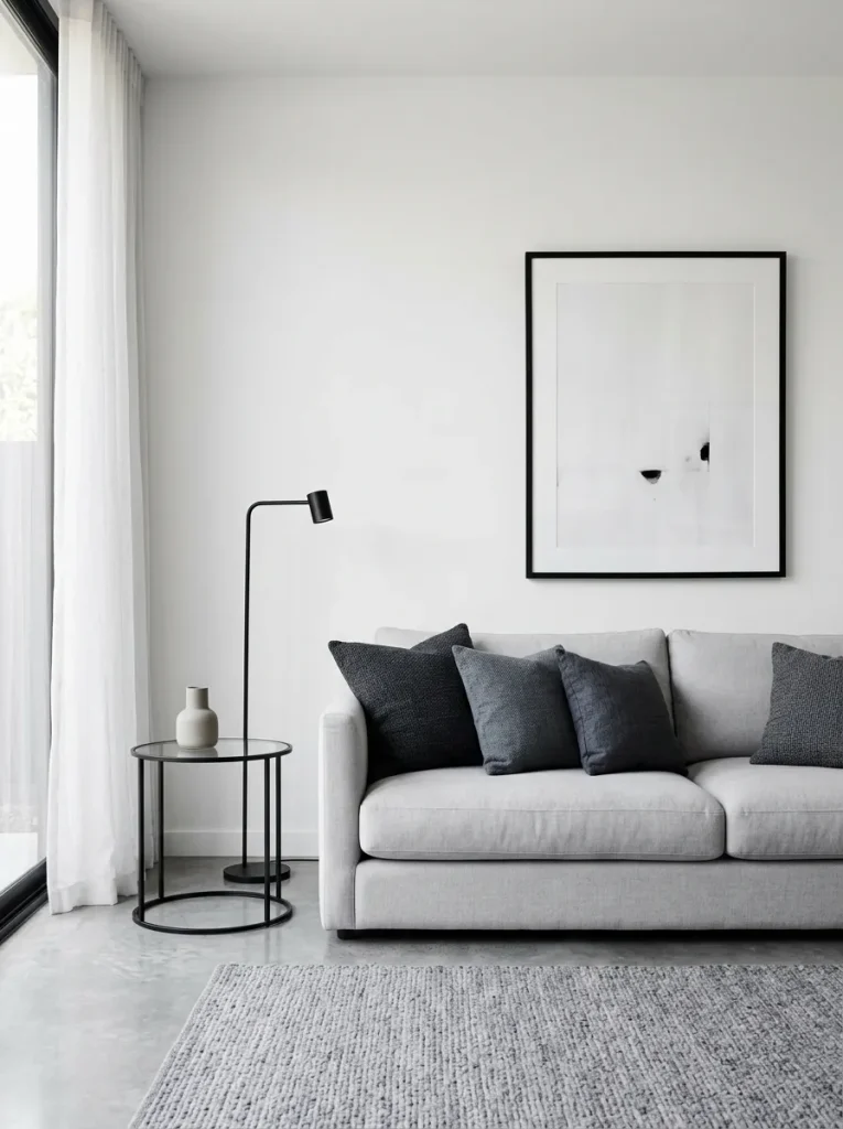 Black white and gray small living room with pale gray sofa, charcoal pillows, soft rug, black frames, warm lamp, and calm modern styling.