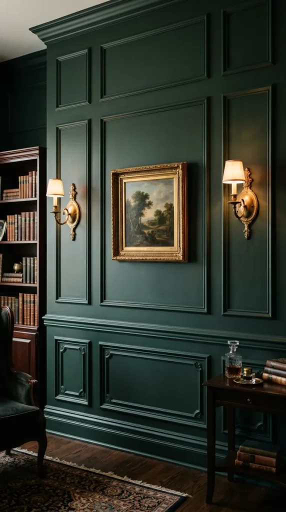 Elegant dark green picture-frame wainscoting in a formal study, accented with brass fixtures.