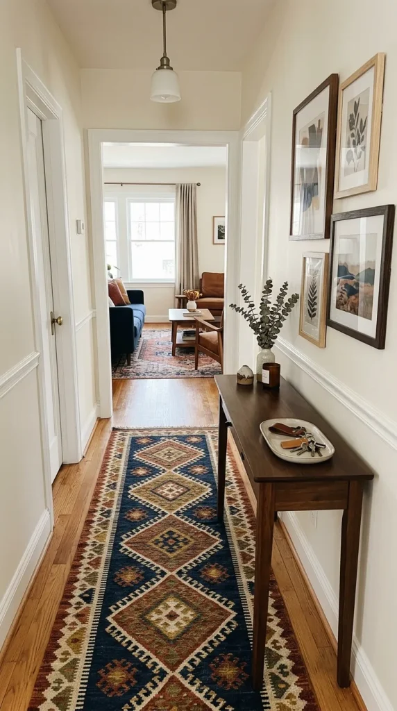A long hallway with a runner rug and wall art that repeats colors from the adjacent living room.