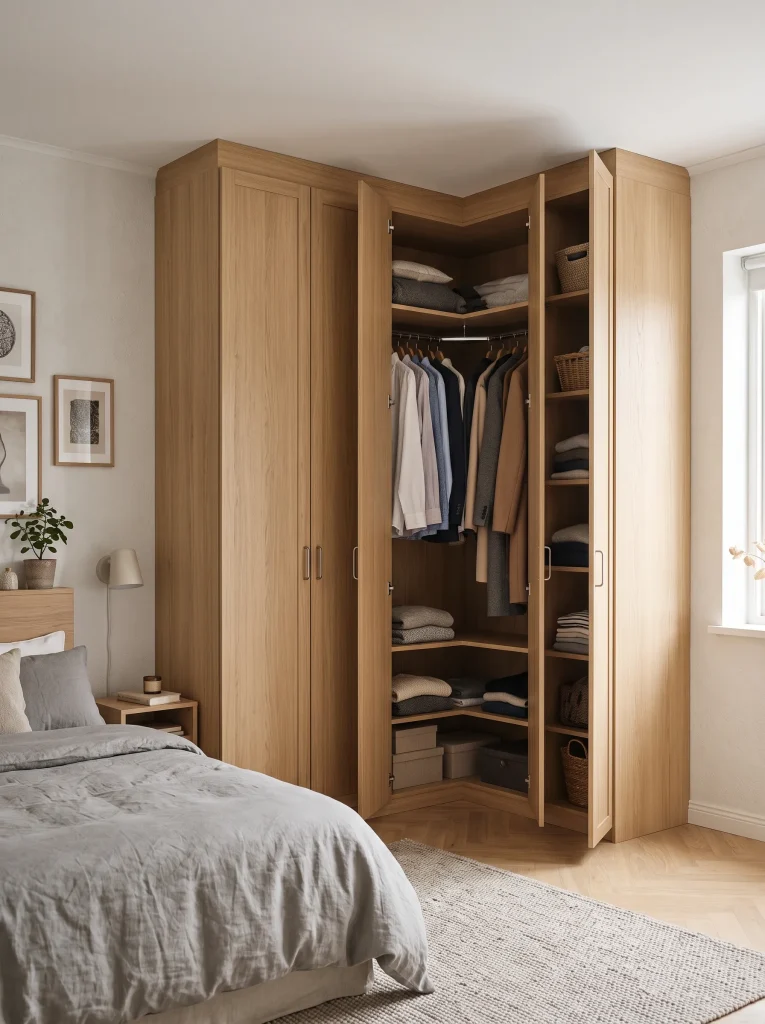 L-shaped corner wardrobe in bedroom with accessible corner shelves, hanging section, rotating storage, full-height cabinets, and clear walking space