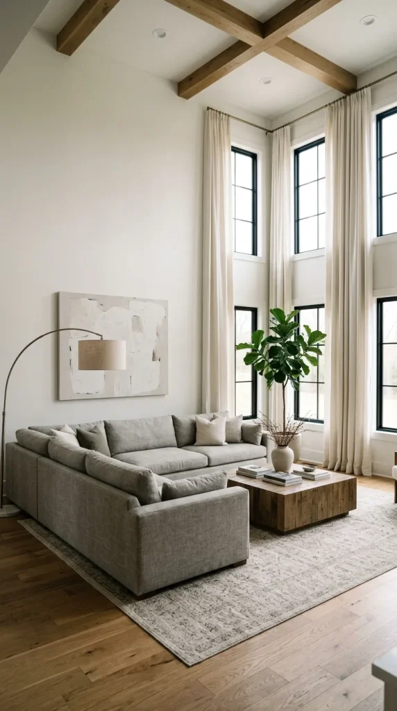 A large, comfortable sofa in a spacious room with high-hung curtains that reach the ceiling.