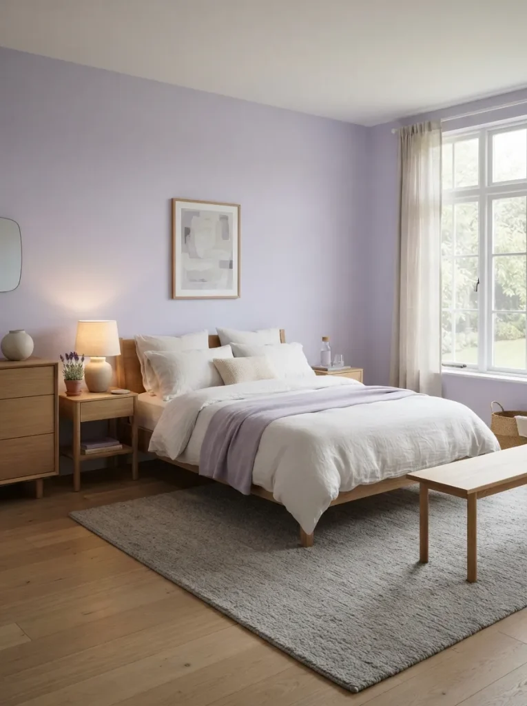 Soft lavender bedroom with white bedding, oak nightstands, beige rug, linen curtains, and warm cozy lighting.
