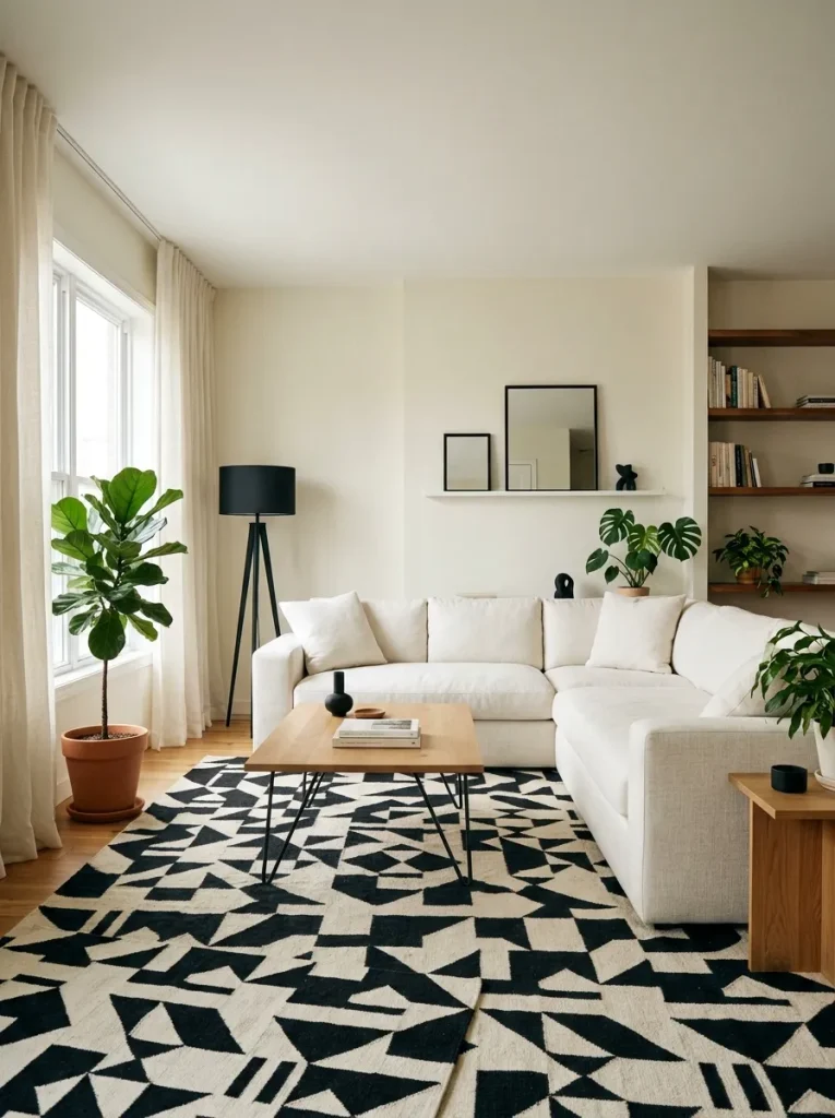 Small living room using 70 percent light colors, 20 percent black accents, and 10 percent warm wood, brass, plants, and beige decor.