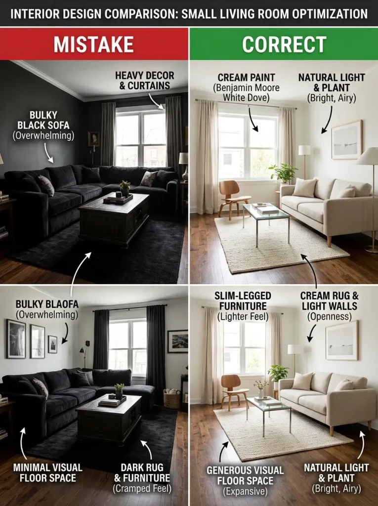 Small black and white living room with light walls, one dark anchor, textured rug, soft curtains, clear walkway, warm lamp, and balanced furniture scale.