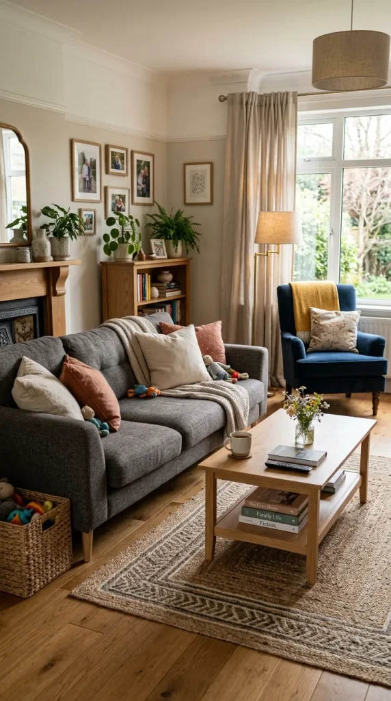 Functional living room layout with conversational seating, a reading chair beside a lamp, accessible storage, and a clear walking path.