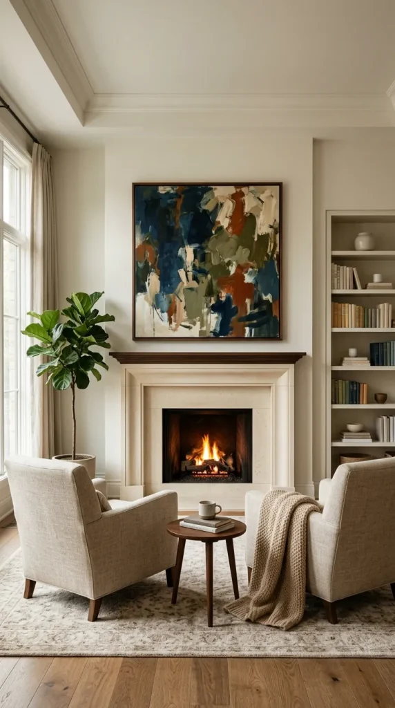 Seating arranged around a central fireplace with a large piece of art hanging above the mantel.