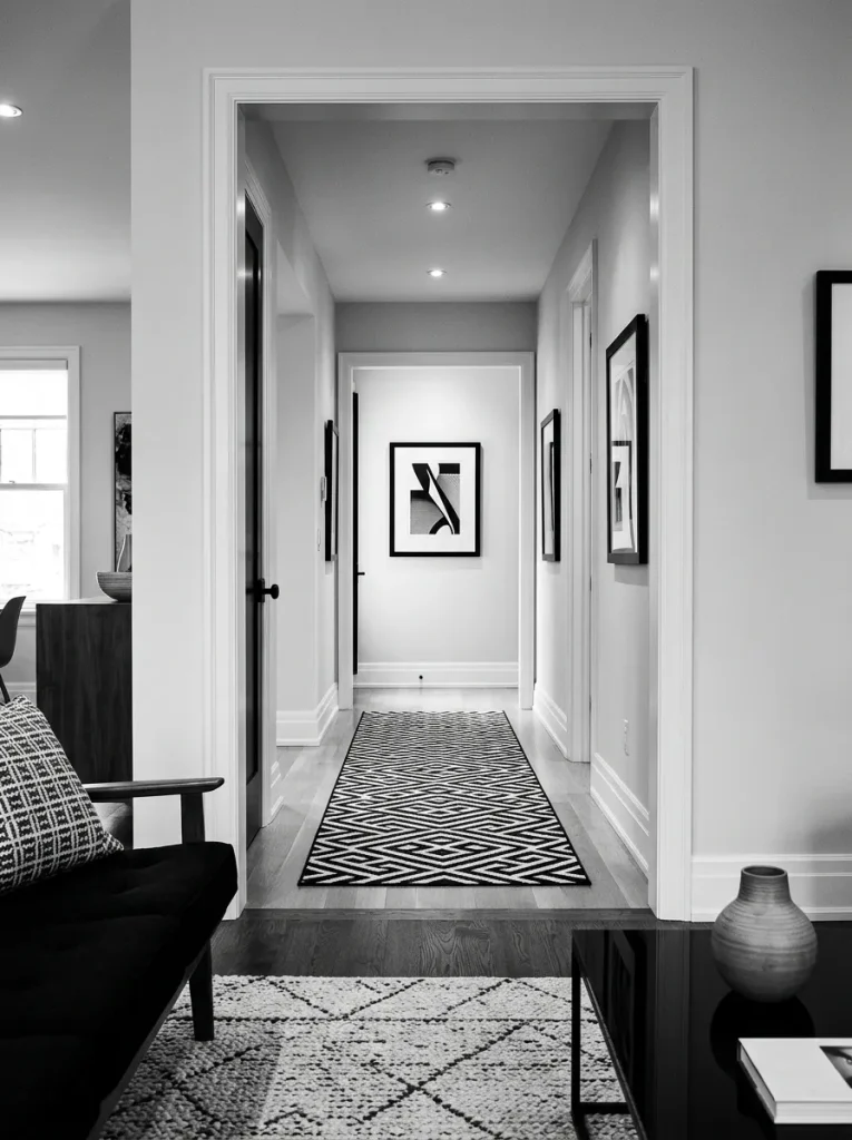 Small black and white living room connected to hallway with matching black frames, warm white walls, light curtains, runner rug, and repeated finishes.