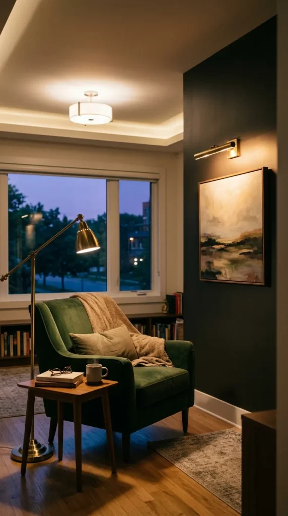 A living room at dusk using a mix of overhead light, a reading lamp, and a wall sconce for art.