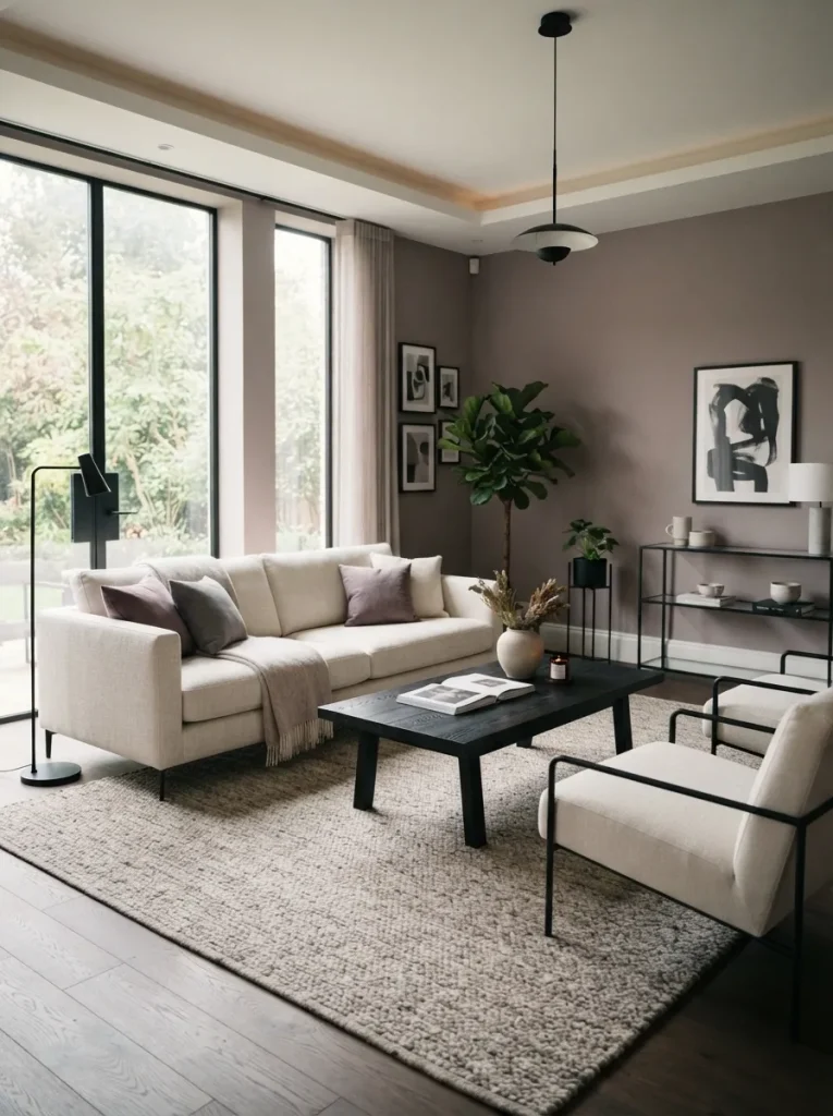 Mauve living room with cream sofa, black coffee table, brass lamp, wood accents, and modern elegant decor