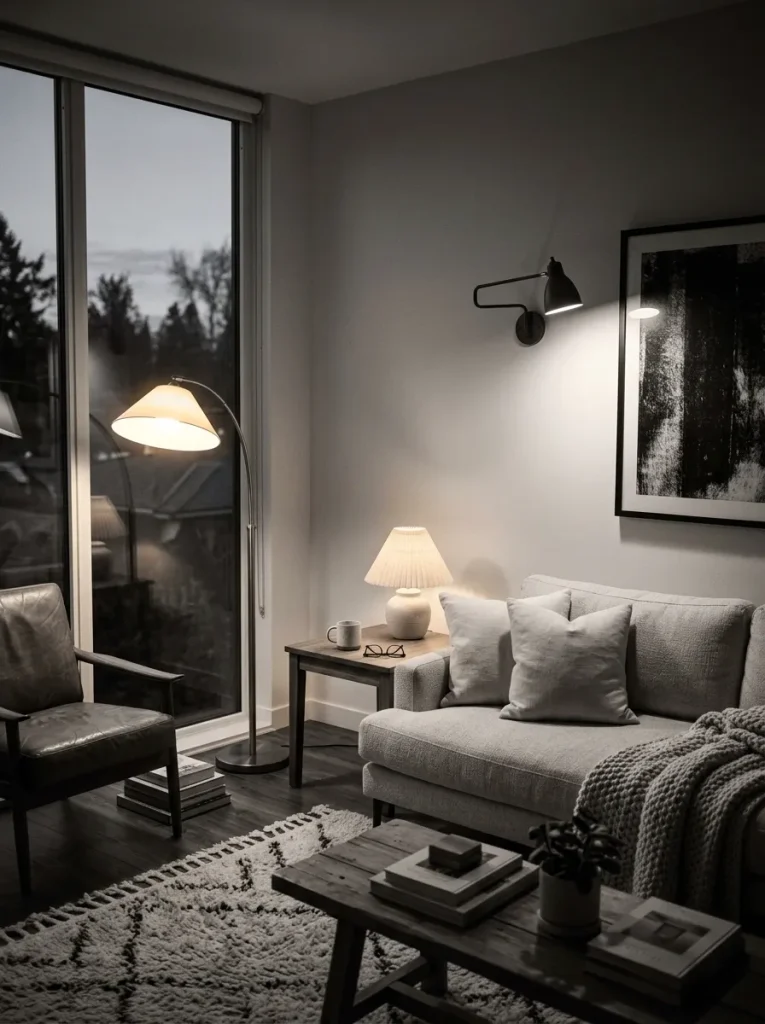 Small black and white living room with warm floor lamp, table lamp, wall sconce, soft white bulbs, cream sofa, and cozy evening glow.