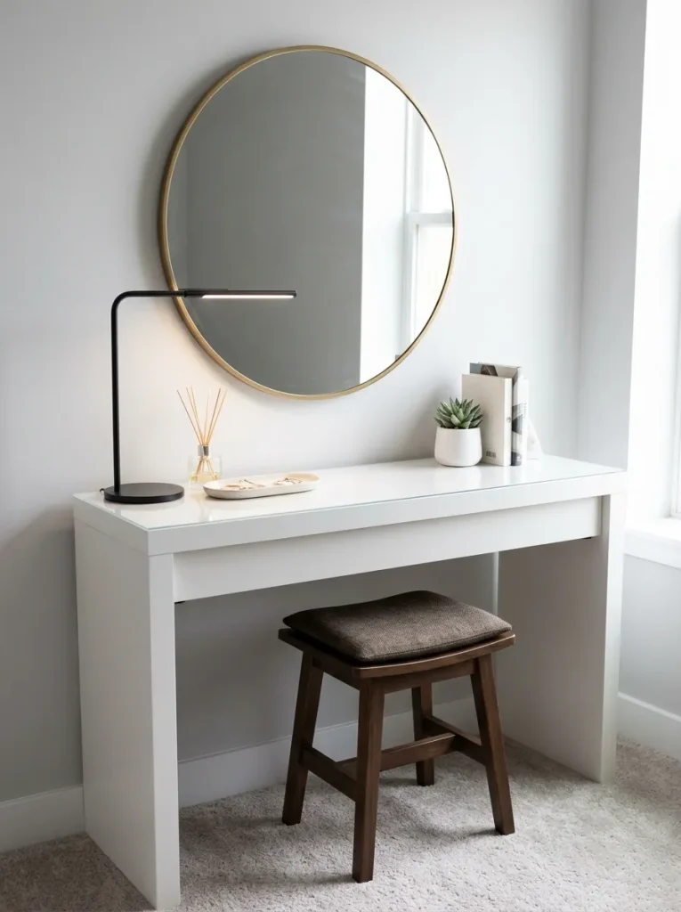IKEA style dressing table with simple white drawers, round mirror, soft stool, drawer organizers, lamp, and clean modern bedroom styling.