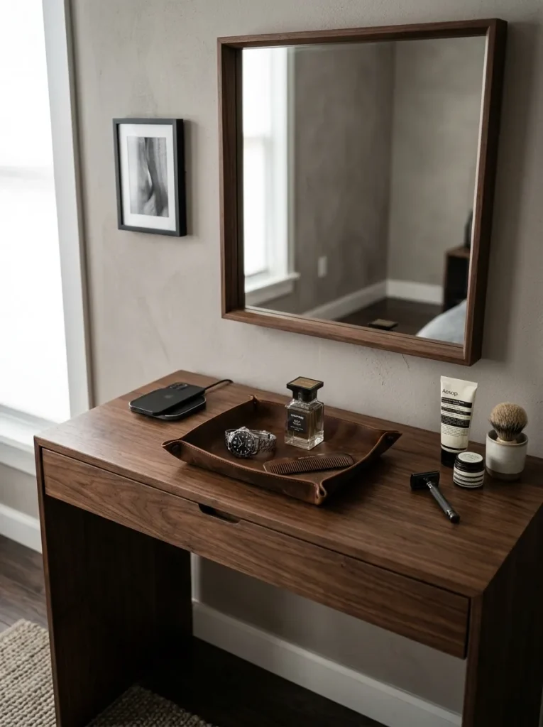 Practical dressing table setup with clean mirror, warm lamp, tray for cologne or makeup, hidden drawer, stool, and personal bedroom styling.