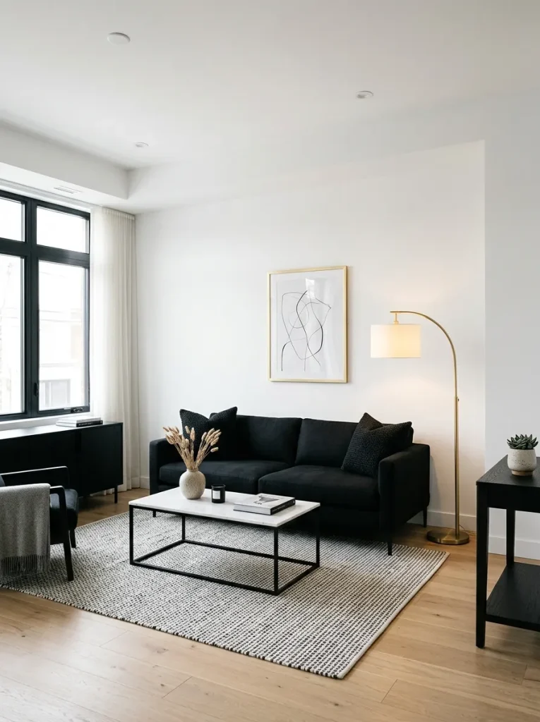 Small black and white living room with matte brass lamp, gold picture frame, small gold tray, cream sofa, black table, and controlled elegant styling.