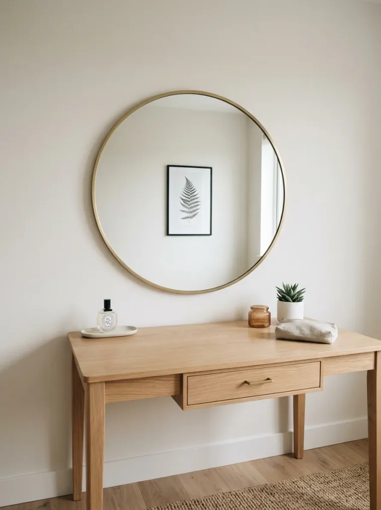 Dressing table with round mirror, soft bedroom reflection, clear vanity surface, stool, lamp, and calm uncluttered mirror placement.