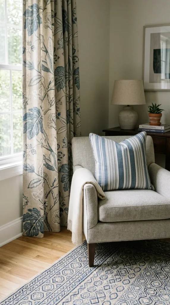 A botanical curtain, a striped pillow, and a geometric rug all sharing a similar blue tone.