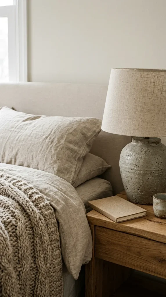 A close-up of a bed with linen sheets, a wool throw, and a ceramic lamp on a wood nightstand.