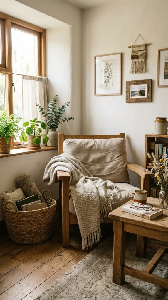 A relaxed room featuring oak furniture, linen curtains, and woven baskets under soft natural light.