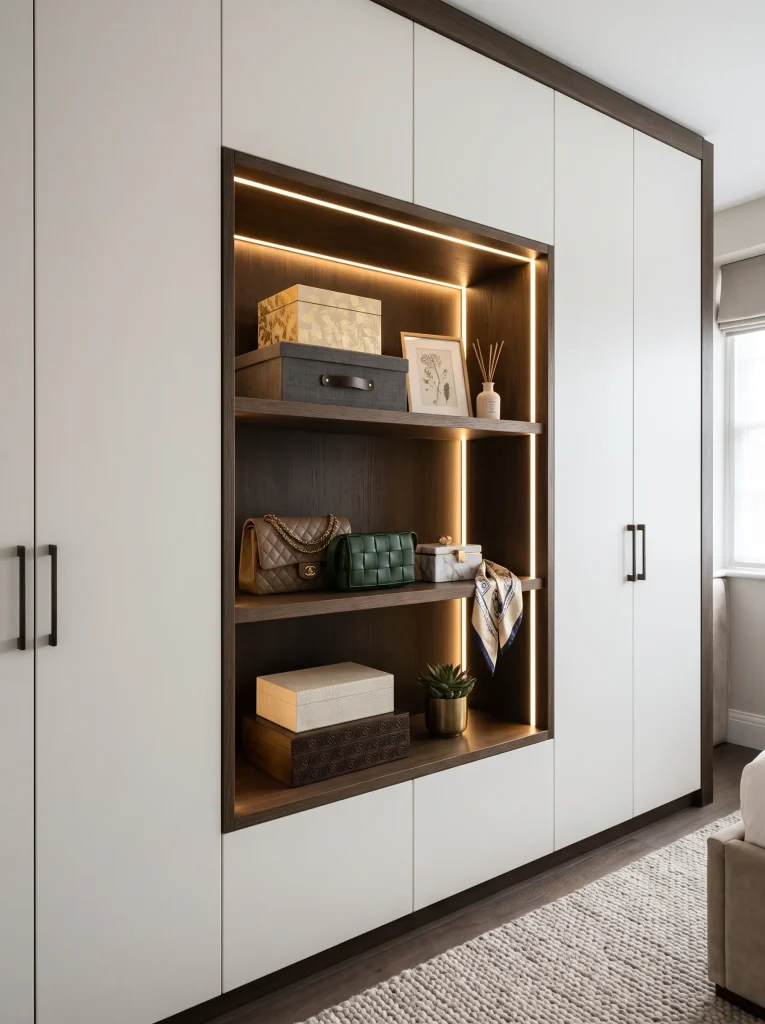 modern wardrobe with one open niche, folded blankets, matching hangers, storage boxes, closed doors, bags, soft lighting, and neat bedroom organization