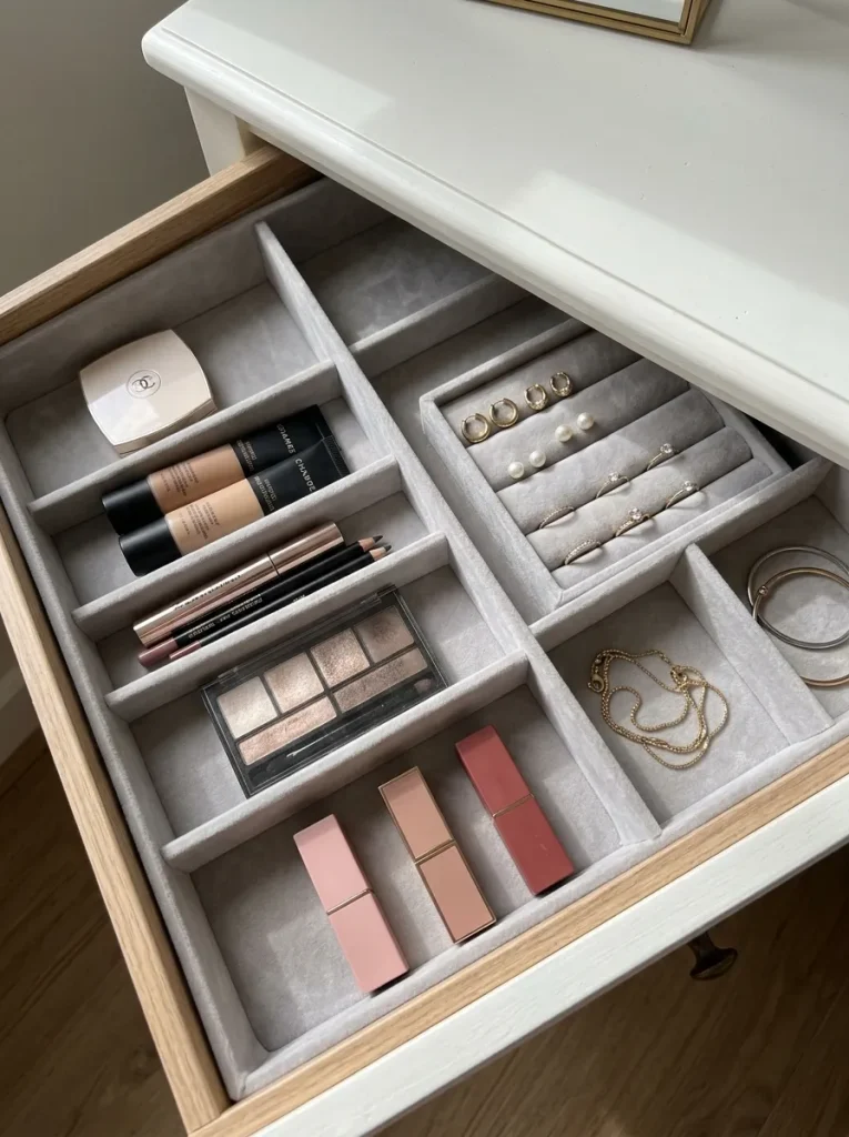 Dressing table drawer organization with makeup dividers, jewelry compartments, skincare storage, brush cup, hair tools, and tidy vanity drawers.