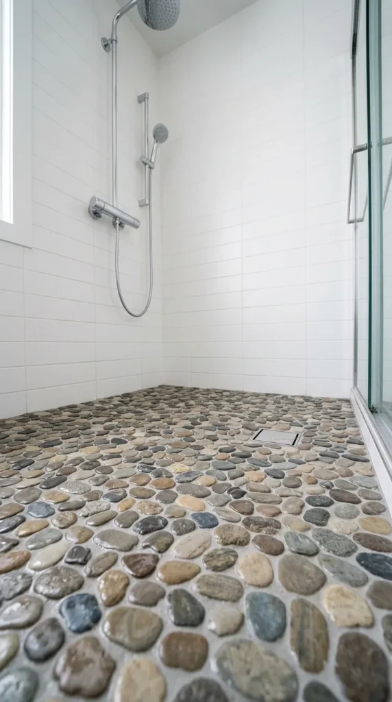 Rustic walk in shower with flat pebble mosaic floor, warm white shower walls, bronze fixtures, glass door, and natural stone texture.