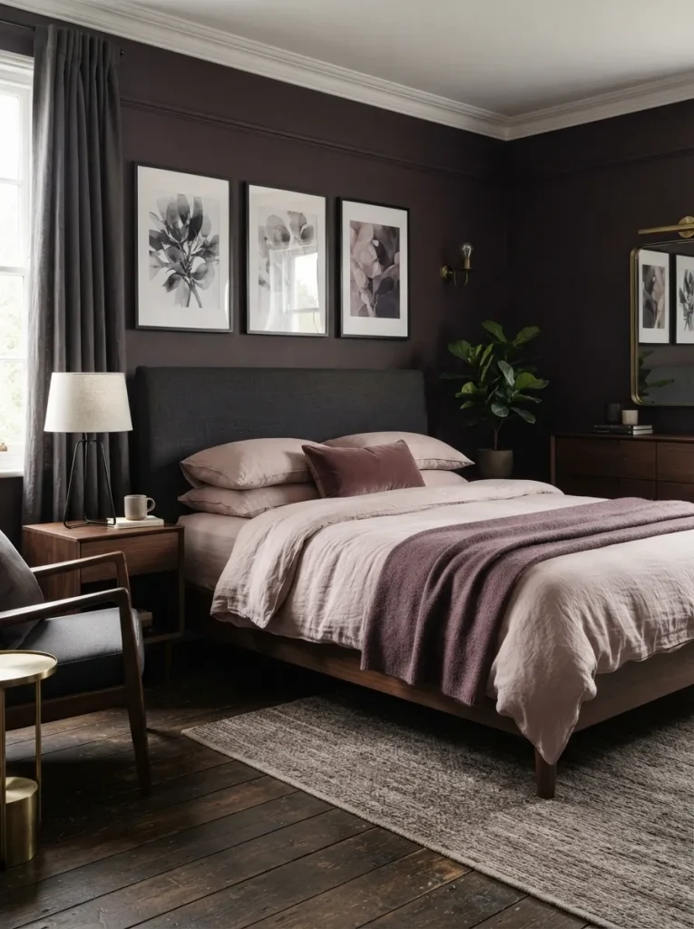 Dusty pink and lavender bedroom with floral artwork, white furniture, natural wood accents, and elegant feminine decor.