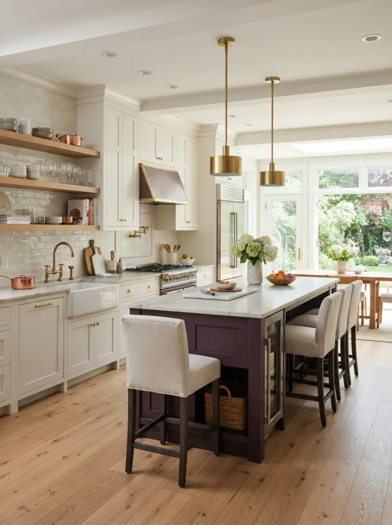 Kitchen with plum island, white cabinets, brass lighting, wood shelves, stone countertops, and modern farmhouse design.