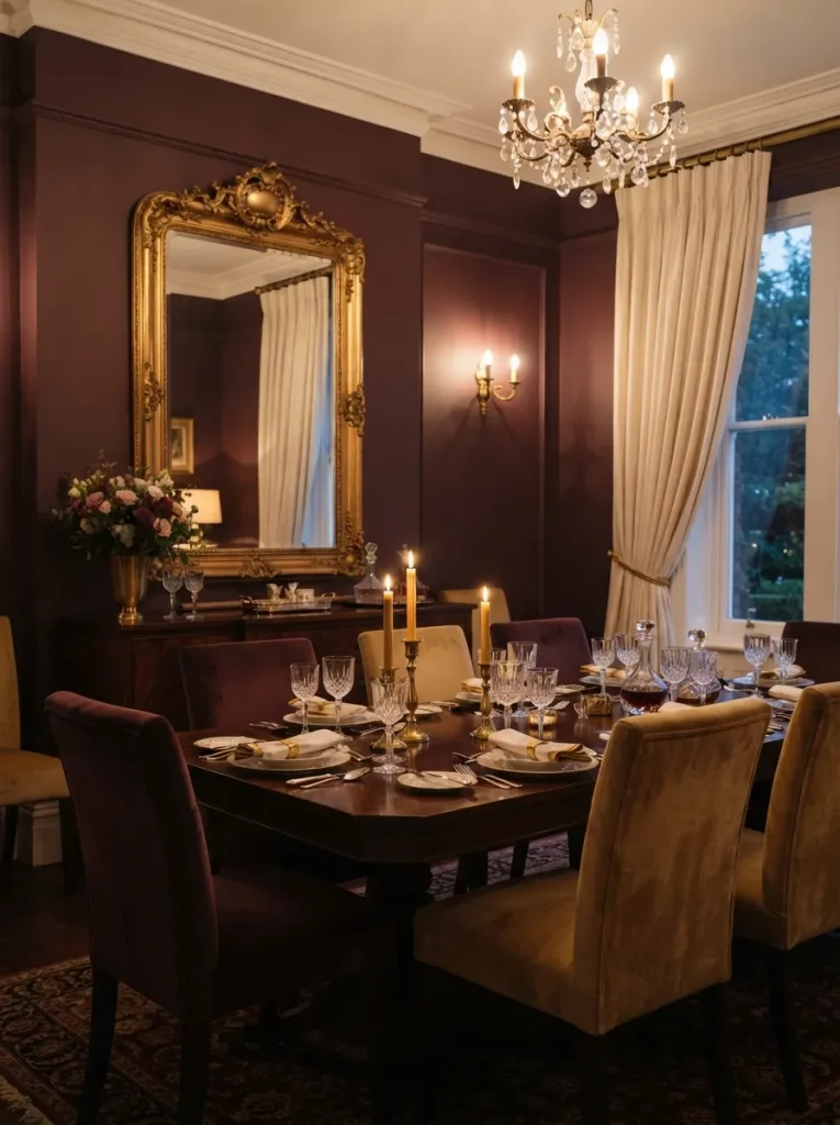 Plum bedroom with brass lighting, gold mirror, cream bedding, wood furniture, and luxurious contemporary decor.