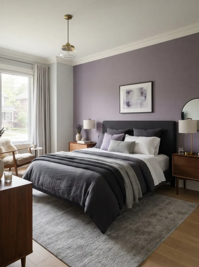 Purple and gray bedroom with plum accent wall, gray bedding, brass lighting, wood furniture, and cozy neutral decor.