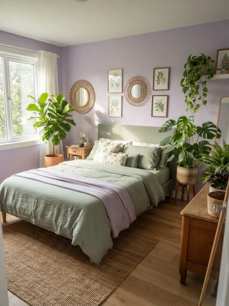 Lavender bedroom with sage green curtains, indoor plants, cream bedding, natural wood furniture, and botanical decor.