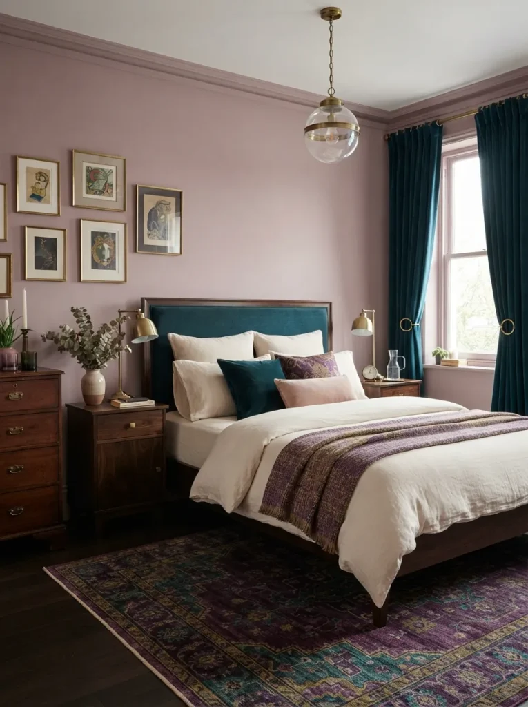 Purple bedroom with teal bedding, brass accents, dark wood furniture, cream textiles, and jewel-tone interior design.