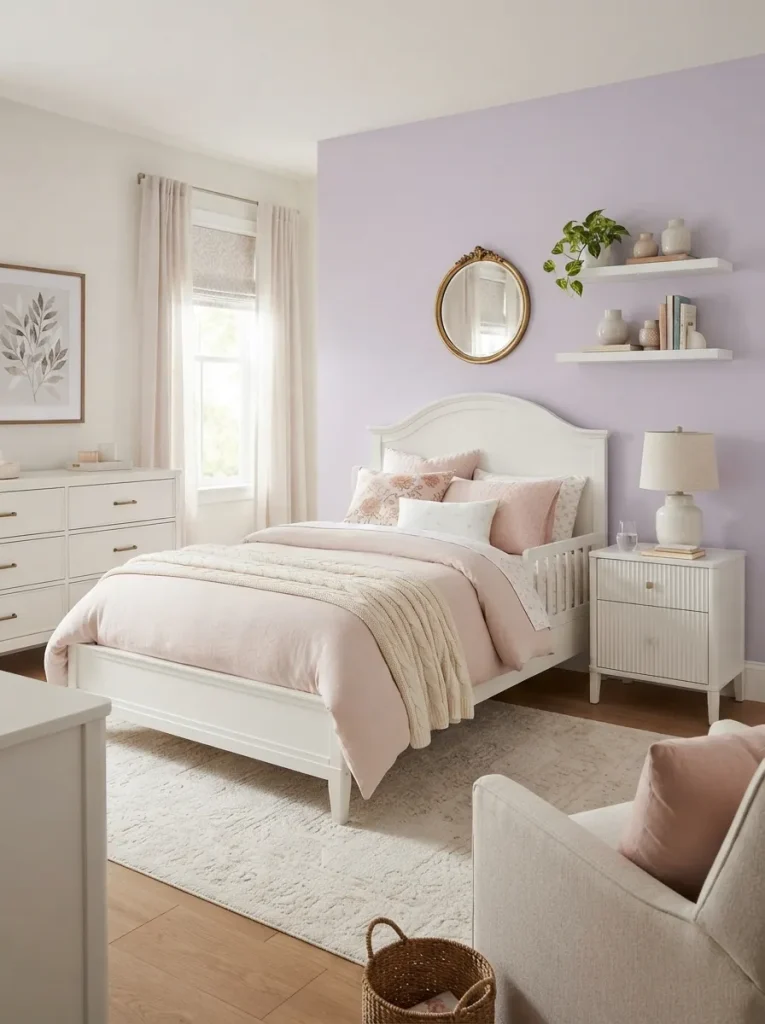 Lavender girls bedroom with white furniture, blush bedding, gold mirror, floral artwork, and elegant youthful decor.