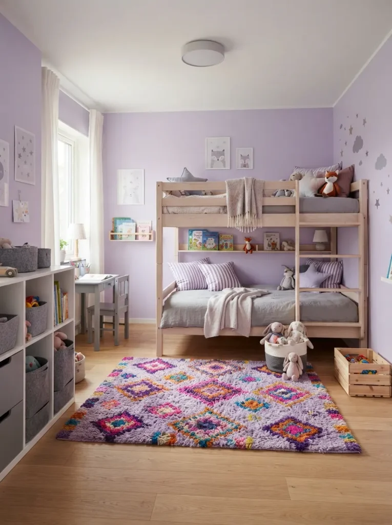 Kids bedroom with lilac walls, wood furniture, colorful rug, reading nook, white storage, and playful modern decor.