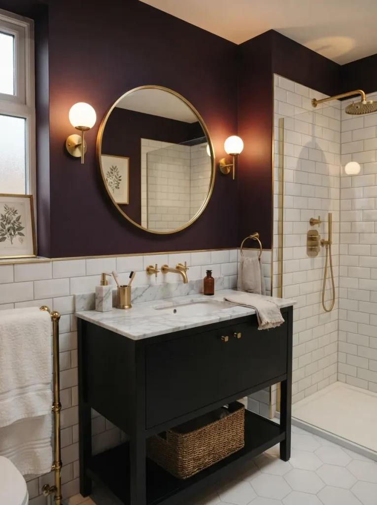 Lavender bathroom with white tile, brass fixtures, wood vanity, marble countertop, and soft spa-inspired styling.