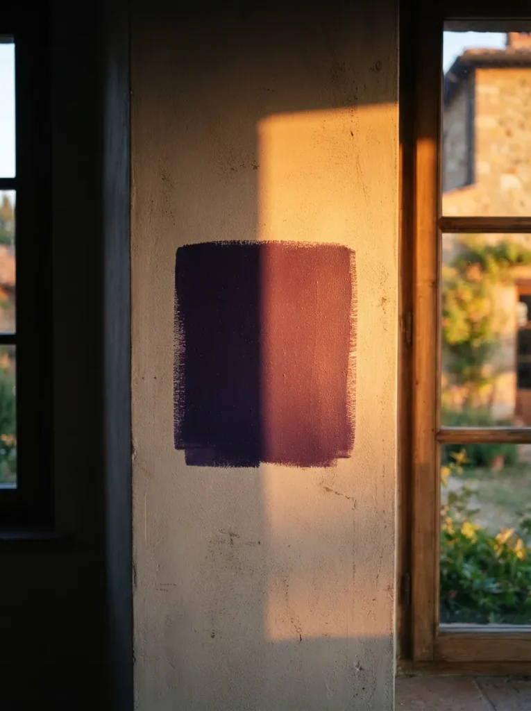 Purple paint samples on bedroom wall under morning daylight, evening lamp light, furniture, curtains, and flooring comparison.