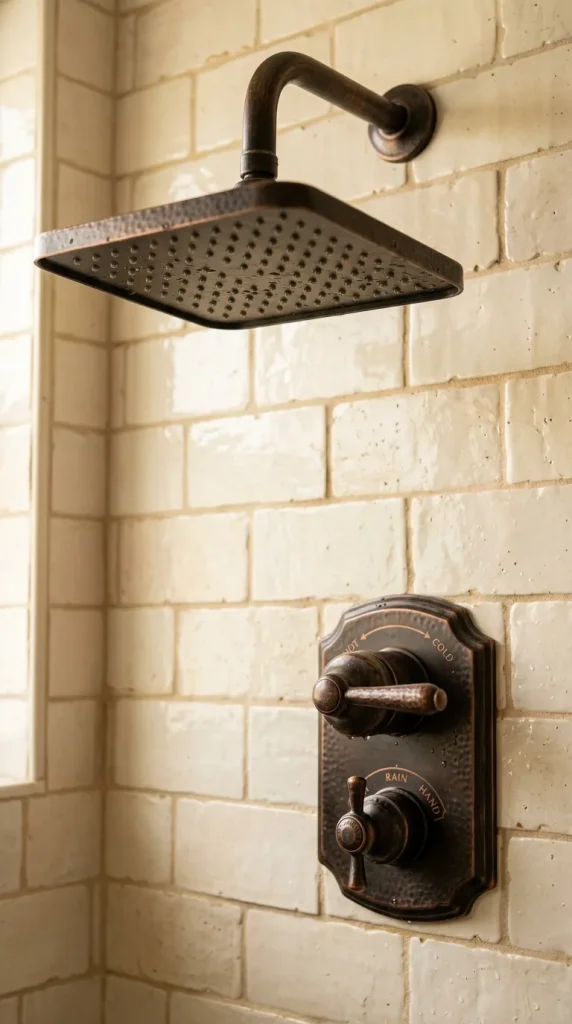Rustic walk in shower with oil-rubbed bronze shower head, matching drain, warm stone tile, glass panel, and coordinated metal fixtures.