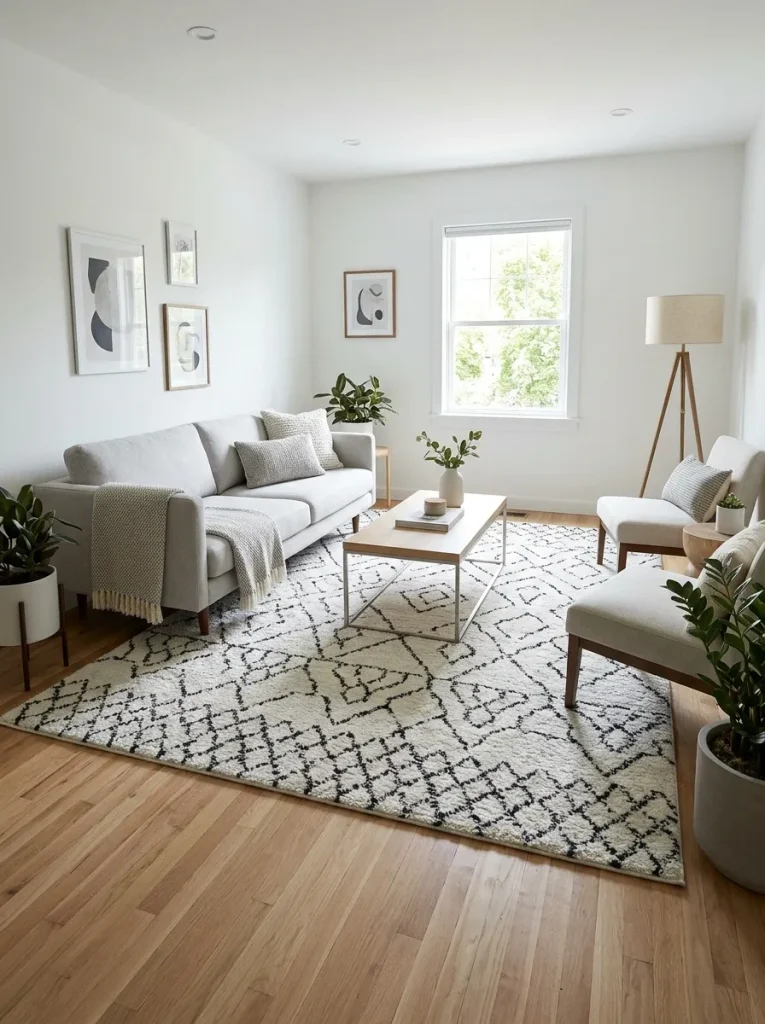 Small living room with large-scale black and white rug, cream sofa, black coffee table, simple wall art, and clean modern seating area.