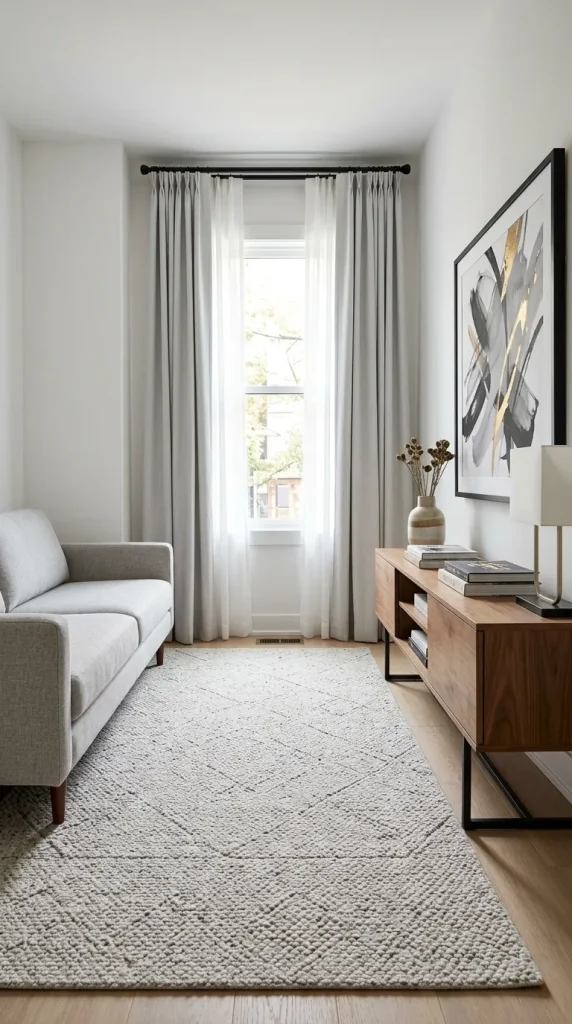 A large area rug connecting all furniture legs and curtains mounted high and wide above a window.