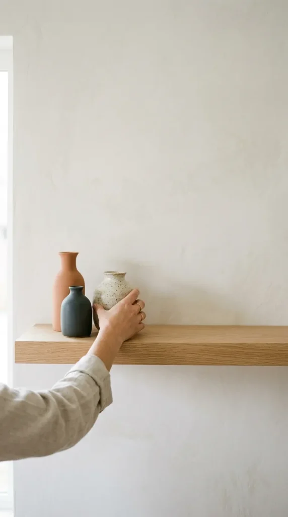 Uncluttered living room with grouped ceramics, contained remote controls, a storage basket, and open space on tables and shelves.