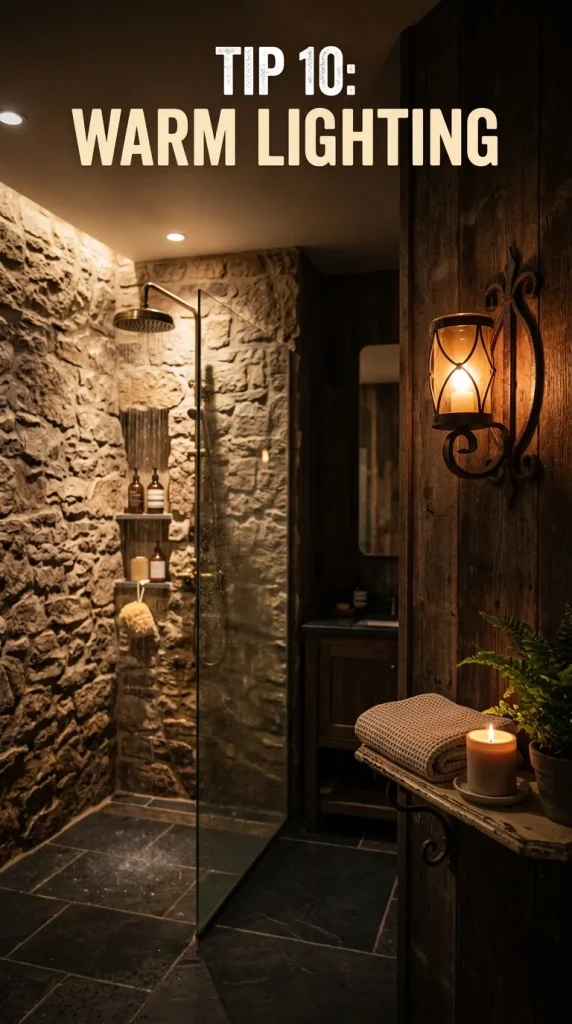 Rustic walk in shower with warm recessed lighting, stone tile, glass panel, bronze fixtures, soft wall sconce outside wet zone, and cozy glow.