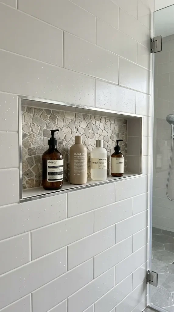Rustic walk in shower with built-in niche, pebble tile insert, shampoo storage, warm stone walls, black fixtures, and clean shower styling.