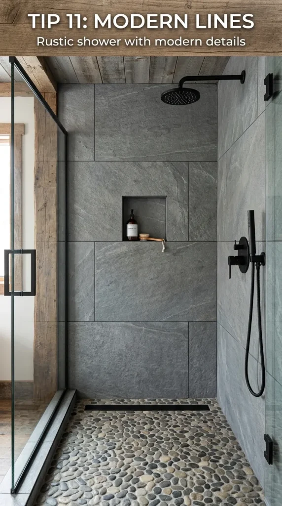 Modern rustic walk in shower with large-format stone tile, linear drain, clean glass panel, matte black fixtures, wood-look accent, and simple lines.
