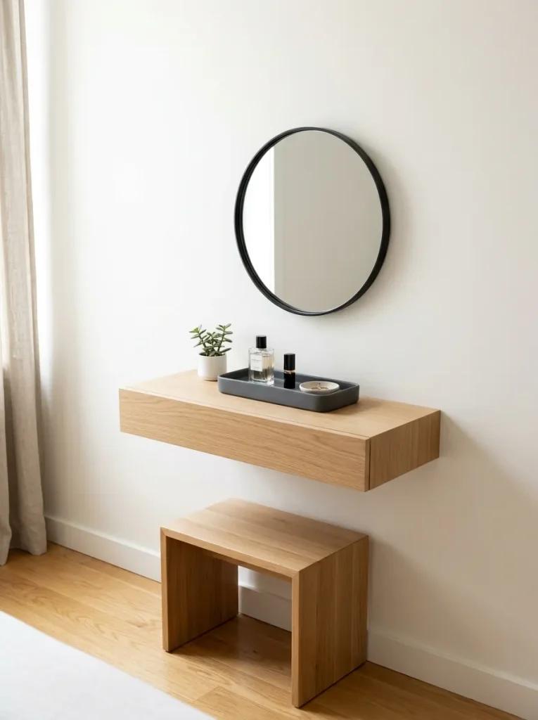 Small bedroom dressing table with slim vanity, round mirror, tuck-in stool, drawer storage, soft lamp, and clear walkway.