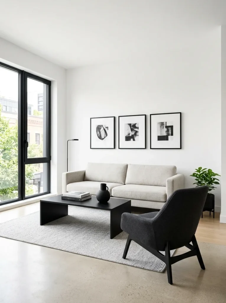 Small black and white living room with white walls, black coffee table, black frames, cream sofa, patterned rug, and warm textured accents.