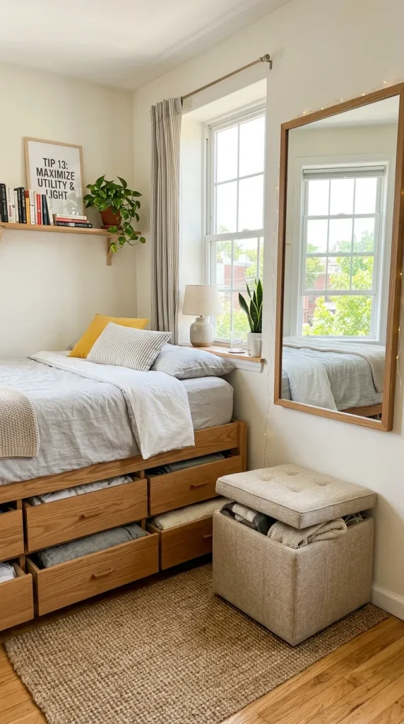  A compact bedroom featuring a storage ottoman and a large mirror reflecting a window to add light.
