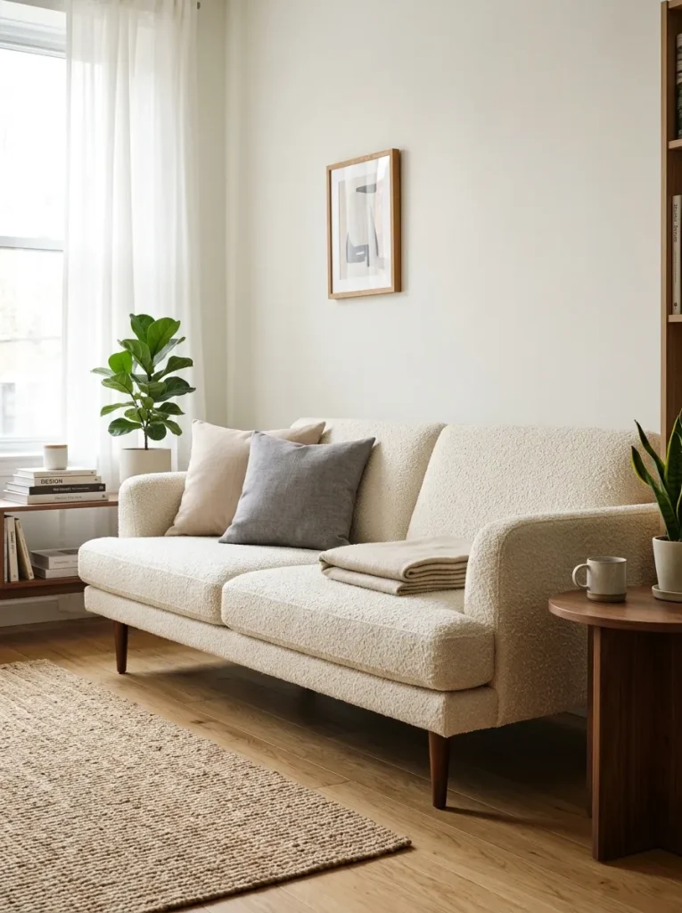 Small black and white living room with slim cream sofa, raised legs, black side table, soft gray rug, and clear walkway around furniture.
