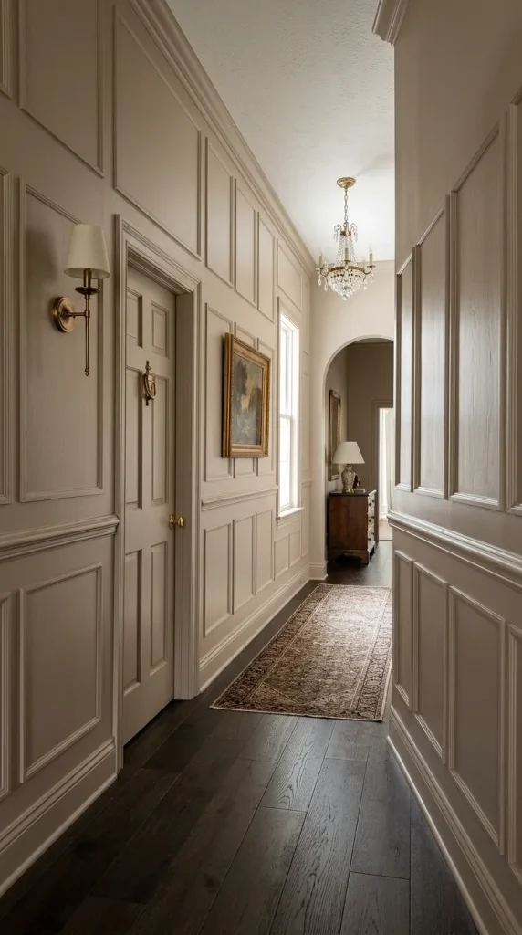 Soft taupe Shaker-style wainscoting reaching two-thirds up a high-ceilinged wall for a substantial architectural effect.
