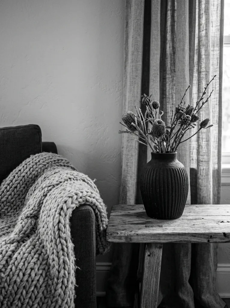 Small black and white living room with woven rug, linen curtains, boucle pillows, chunky throw, matte black lamp, wood table, and stone tray.